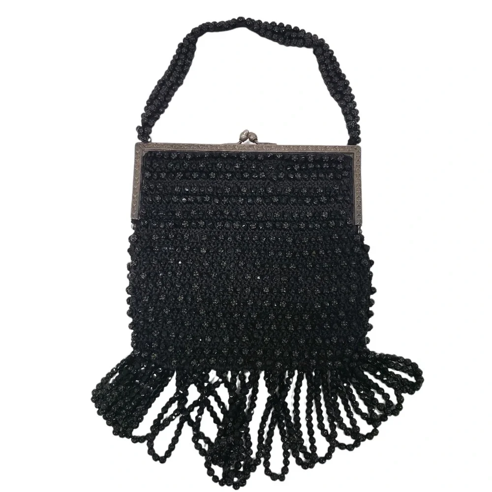 Antique Vintage 1920's Art Deco Beaded Black Flapper Handbag Purse‎ Bag